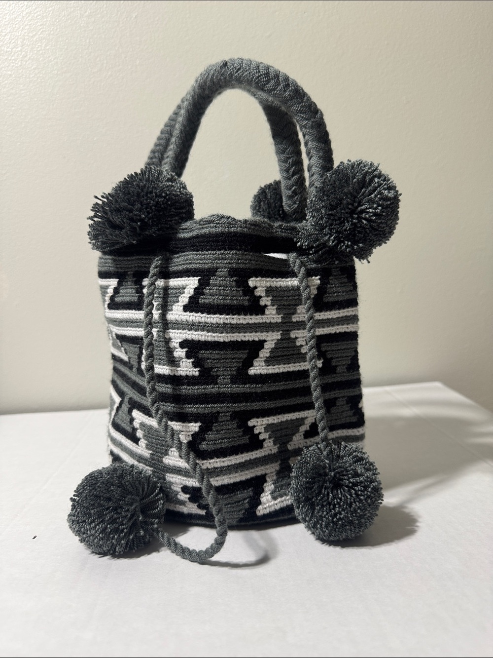 Wayuu Handwoven Black & White Pom-Pom Bucket Bag